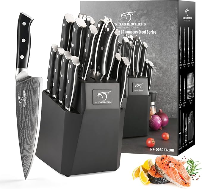 NANFANG BROTHERS Damascus Kitchen Knife Set, 18-Piece with Block, Ergonomic Handles, Carving Fork, Sharpener, Shears