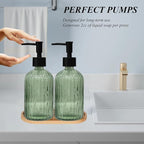 Glass Hand and Dish Soap Dispenser Set of 2 with Plastic Pumps, Bamboo Tray, 13.5oz Green Bathroom Soap Dispenser with Vertical Stripe for Hand Wash & Dish Wash, Ideal for Bathroom Kitchen Countertop