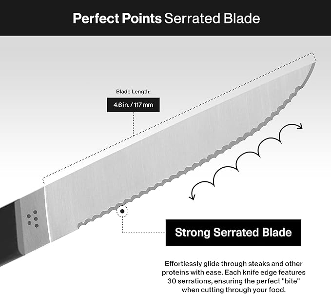 Misen Steak Knives Set of 4 - Precision Serrated Blades for Effortless Dining - Stainless Steel - Superior Cuts with Four Steak Knives Handles - Black