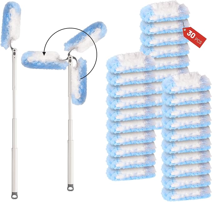 [30-Count Duster Refills + 3ft Extendable Handle] Compatible with Swiffer Dusters, Heavy Duty Dusting Cleaning Kit for Ceiling Fans, Blinds, Shelves - Lightweight, 360° Microfiber Head, Easy Assembly