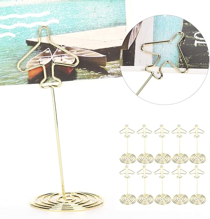 10Pcs Table Number Holders, Message Clip Gold Place Card Holder Desktop Metal Business Card Photo Golden Airplane Holder with Base Table Card Holder Stands Centerpieces for Wedding