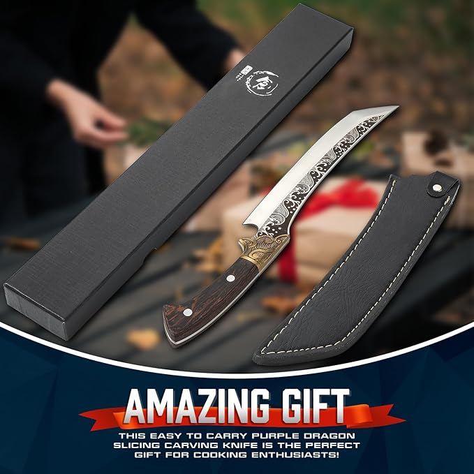 Purple Dragon Slicing Carving Knife – 8.86" Brisket Knife Razor Sharp Japanese Breaking Knives for Meat Cutting, Full Tang Design with Ergonomic Handle, Anniversary Kitchen Gifts for Dad Fathers