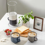 Hasense Coffee Cups Set of 4 with Stand, 15 OZ Stackable Coffee Mugs with Handle for Tea, Cocoa, Cappuccino, Latte and Americano, Porcelain Vertical Stripe Coffee Cups for Men and Women, Colorful