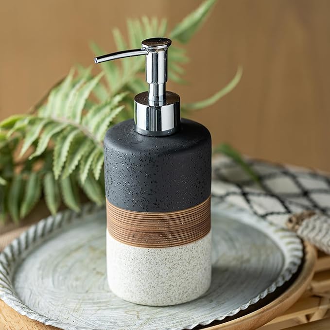 Dish Soap Dispenser Set with Silicone Funnel, Hand Soap, Shampoo, Body Wash, Ceramic Liquid Soap Dispenser for Kitchen and Bathroom Countertops, Stainless Steel Pump, Non Slip, 12 Oz, Black