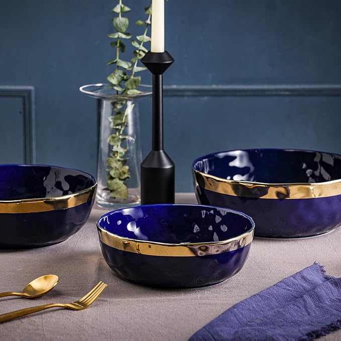 Stone Lain Florian Porcelain 3-Piece Round Bowl Service Set, Blue with Gold Rim