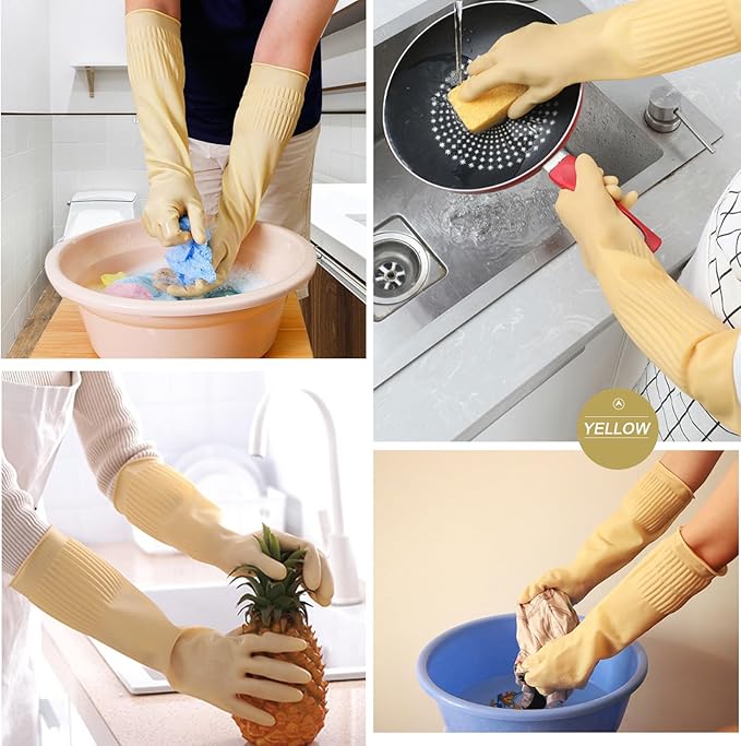 Bamllum 3 Pairs of Rubber Dishwashing Gloves for Kitchen and Household Cleaning – Long Cuff 15", Reusable, Flexible Long-lasting and Non-Slip (Red+Yellow+Green, Medium)