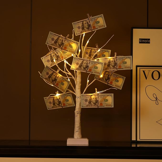 Money Tree Gift Card Holder 24 LED Birch Tree Lamp Battery/USB Powered Light Up White Trees Gift Card Holder with 22 Clear Clips for Photo Birthday Fall Thanksgiving Halloween Christmas