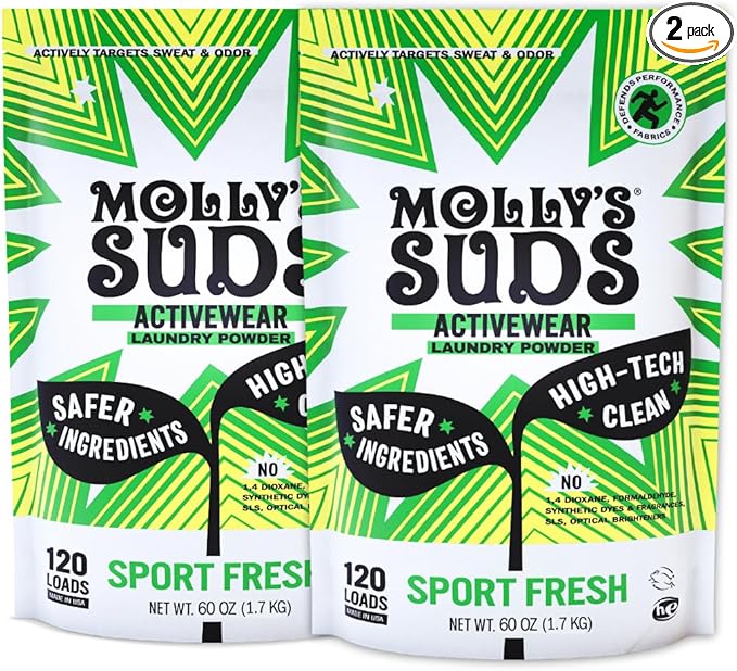 Molly's Suds Active Wear Laundry Detergent | Extra Strength Sport Laundry Powder, Stain Fighting for Performance Fabrics and Sensitive Skin | 240 Load (2 Pack)