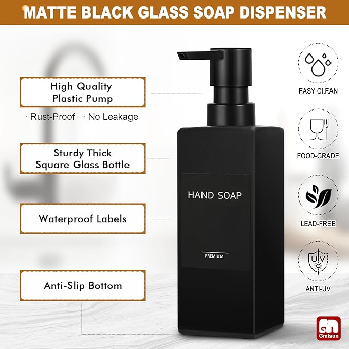 GMISUN Dish Soap Dispenser, 12 fl oz / 350 ml Dual Kitchen Soap Dispensers with Sponge Holder, Customized Matte Black Kitchen Soap Dispenser Set, Modern Hand and Dish Soap Bottle Set Removable