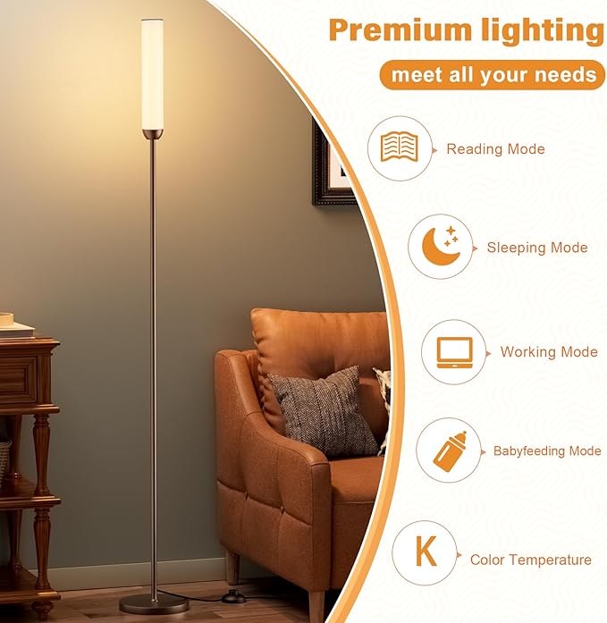 LED Floor Lamp with Remote Control, 65" Standing lamp with Stepless Adjustable 3000K-6500K Colors & 5%-100% Brightness, Foot Switch(Brown)