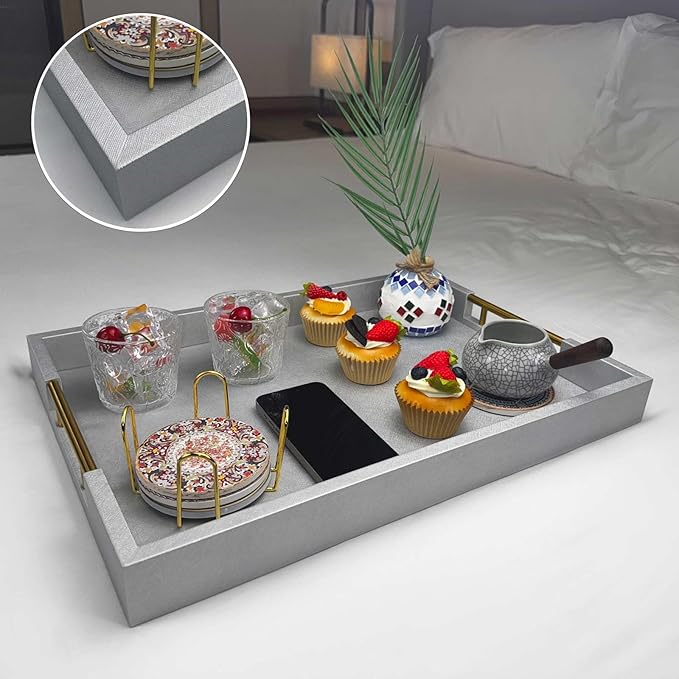 14x20 Inches Silver Faux Leather Wrapped Wood Serving Tray with Metal Handles for Various Occasions, Ottoman, Home Decor Decorative, Living Room, Coffee Table Organizer, Serving Breakfast On Bed