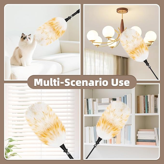 Extendable Lambswool Duster with 23-47 inch Bendable Aluminium Alloy Pole, Natural Fluffy Reusable Wool Duster for Cleaning High Ceilings, Pendant Lamps, Blinds, Furniture and Roof