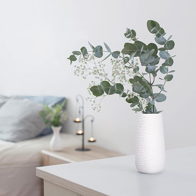 D'vine Dev 8 Inch Textured White Elegant Oval Ceramic Vase for Flowers, Home Décor Vase with Design Box, VS-LD-A-1