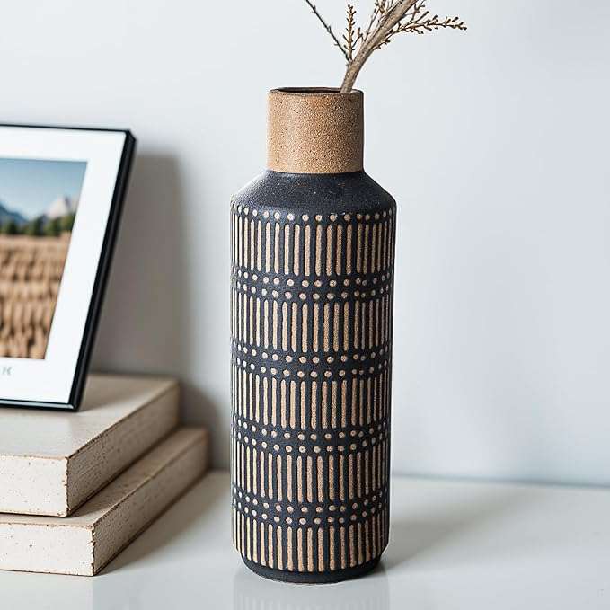 Rustic Ceramic Vase for Living Room Bedroom 11.02'' Antique Black Flower Vase for Bouquet Fake Plant Home Decor Office Table Shelf Fireplace Centerpieces Retro Vintage Classic Modern