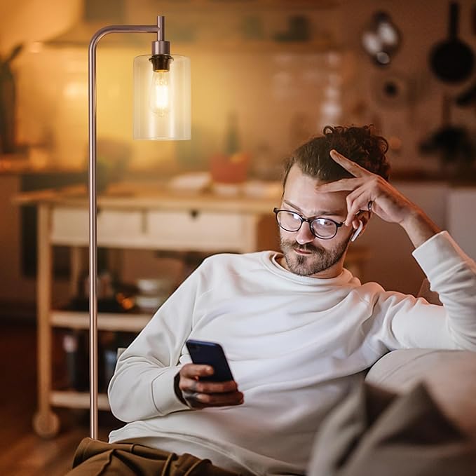 Floor Lamps for Living Room - Industrial Standing Lamp with Glass Shade, Modern Floor Lamp with LED Bulbs, Farmhouse Floor Lamp for Bedroom, Tall Lamp for Office - Brown