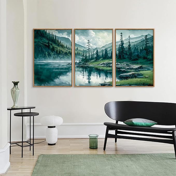 Tinonedraw Large Nature Forest Framed Canvas Wall Art Set, Boho Mountains Calming Lake Wall Decor, Green Pine Trees Artwork, Northern Wilderness Art Painting for Living Room Bedroom Office 24"x36"x3
