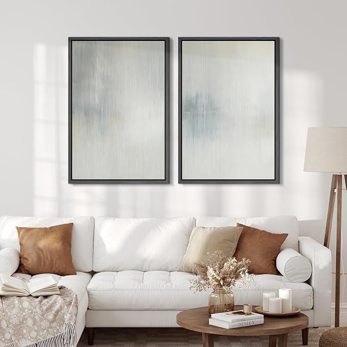 SIGNFORD Framed Canvas Print Wall Art Set Soft Gray and Blue Abstract Neutral Illustration Modern Art Decorative Nordic Nature for Living Room, Bedroom, Office - 24"x36"x2 Black