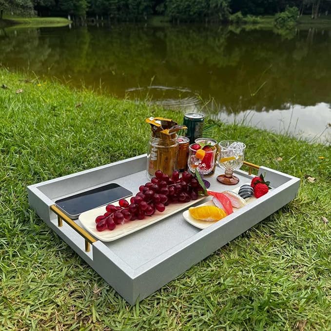 14x20 Inches Silver Faux Leather Wrapped Wood Serving Tray with Metal Handles for Various Occasions, Ottoman, Home Decor Decorative, Living Room, Coffee Table Organizer, Serving Breakfast On Bed