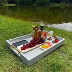 14x20 Inches Silver Faux Leather Wrapped Wood Serving Tray with Metal Handles for Various Occasions, Ottoman, Home Decor Decorative, Living Room, Coffee Table Organizer, Serving Breakfast On Bed