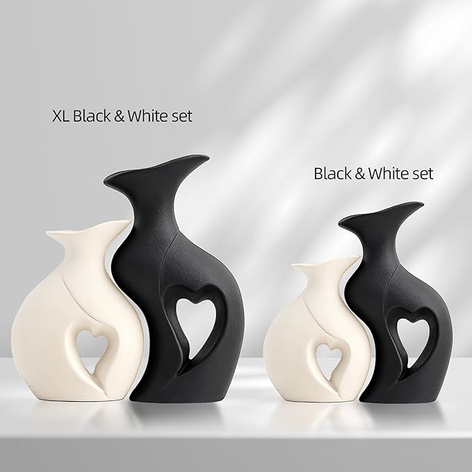 XL Black and White Vase Set of 2,Heart Shaped Ceramic Vases Home Decor,Minimalist Decorative Vases,Modern Home Decor for Wedding Dining Living Room Office Coffee Table Centerpiece