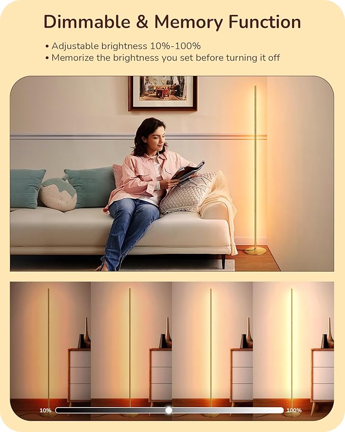 EDISHINE LED Corner Floor Lamp, Modern Slim Dimmable Light, Adjustable Height, 57.5" Minimalist Tall Lamp for Living Room, Bedroom, Office, 3000K Warm White Light (Gold)
