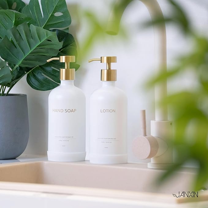 Glass Kitchen Soap Dispenser Set with Ceramic Tray,16.9 floz Hand and Dish Soap Dispenser for Kitchen and Bathroom Decor (White + Gold(Lotion))