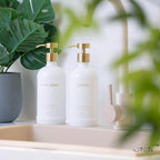 Glass Kitchen Soap Dispenser Set with Ceramic Tray,16.9 floz Hand and Dish Soap Dispenser for Kitchen and Bathroom Decor (White + Gold(Lotion))