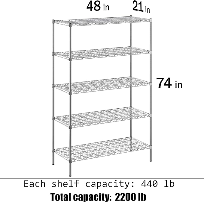21" Deep x 48" Wide x 74" Height Wire Shelving Kit | 5-Tier | NSF Commercial Storage Rack Unit