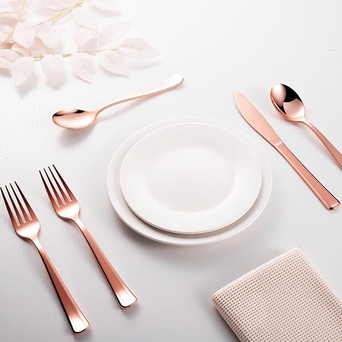144 Pack Rose Gold Premium Plastic Cutlery Disposable Silverware Set - 48 Forks, 48 Knives, 48 Spoons - For Catering, Parties, Dinners, Weddings, and Everyday Use, Plastic box packaging