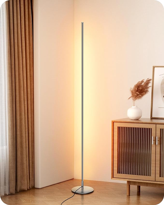 EDISHINE LED Corner Floor Lamp, Minimalist Dimmable Light with Remote, 57.5 Inches Tall Floor Lamps for Living Room, Bedroom, Home Office, 7 Color Temperature 2700-6000K (Silver)