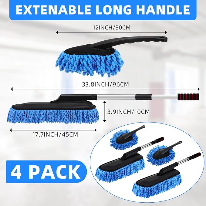 Tanlade 4 Pack Microfiber Car Duster Exterior Scratch Free with Extendable Handle Auto Duster Exterior Cleaning Tools for Car Brush for Truck Bike Rv Boats Motorcycle (Blue)