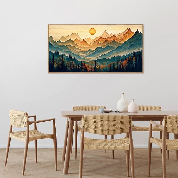 Tinonedraw Large Mountain Framed Canvas Wall Art, Boho Nature Forest Wall Decor, Neutral Wooden Pine Trees Artwork, Sunrise Ridge Landscape Art Printing for Living Room Bedroom Office 20"x40"