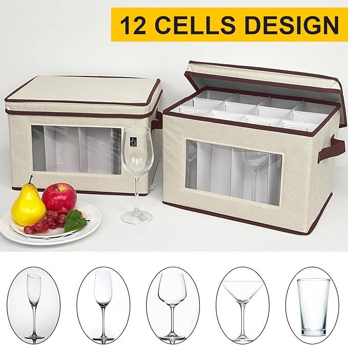 homyfort 2 Pack Wine Glass Storage Box with Dividers, Stemware Storage Case Organizer, China Crystal Glass Storage Containers for 24 Goblets (Beige)