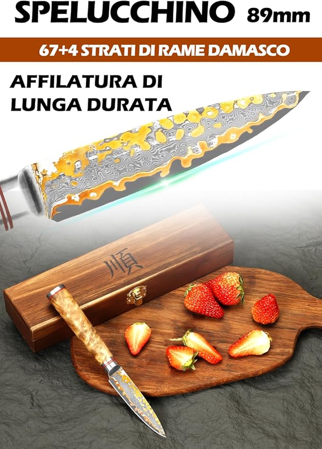 YOUSUNLONG Kitchen Paring Knife 3.5”Japanese Handmade Copper Damascus Steel Blade Fruit Knives - Ultra Sharp Peeling Knife - Naturel Burl Wooden Handle with Acacia Wood Box