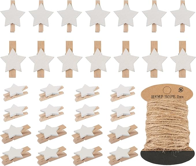Pandahall 100Pcs Wooden Star Clothespins Photo Clips Photo Paper Pegs Clips White Mini Clothes Pins Holiday Card Holder Display with 10.9 Yards Jute Twine