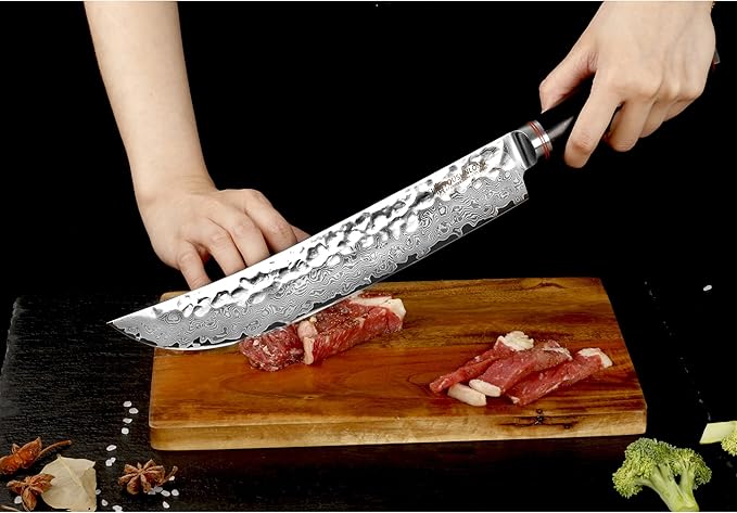 YOUSUNLONG Cimitar Knife 10" Butcher's Scimitar Knife Hammered Japanese Damascus Steel Natural Leadwood Handle