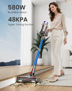 Cordless Vacuum Cleaner, 48KPa 580W 65Mins Vacuum Cleaner for Home, Anti-Tangle Self-standing Stick Vacuum with Scented Tablet, Upgraded Dust Cup Scraping, Vacuum Cordless for Pet Hair/Carpet/Floors