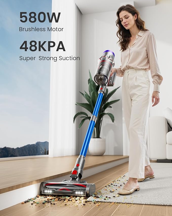 Cordless Vacuum Cleaner, 48KPa 580W 65Mins Vacuum Cleaner for Home, Anti-Tangle Self-standing Stick Vacuum with Scented Tablet, Upgraded Dust Cup Scraping, Vacuum Cordless for Pet Hair/Carpet/Floors