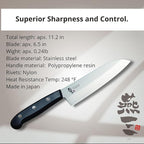 Japanese Chef Knife, 6.5" Santoku by Enzo, Hand Forged, Tsubame Sanjyo Stainless Steel, Light Weight and Versatile, Wear/Corrosion Resistance, 11.0" Total Length