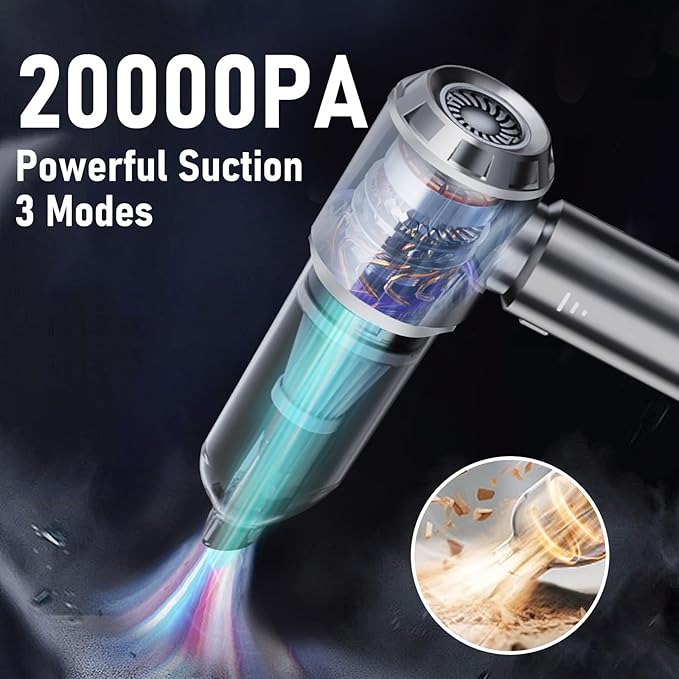Car Vacuum Portable Cordless 20000PA High power Mini Vacuum Cleaner 4-in-1 Compressed Air Duster & Air Blower & Pump Hand Held Vacuum with Brushless Motor for Car, Home, Office,Camping (Silver)