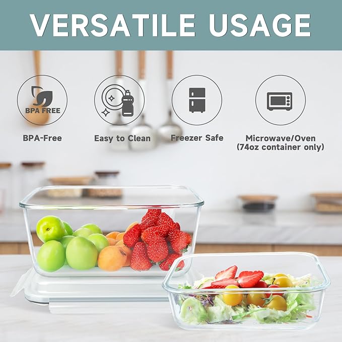 KOMUEE 203oz & 74oz Extra Large Glass Food Storage Containers with Lids, 2 Piece Airtight Big Glass Containers, Leak-proof, BPA-Free Lids with Carry Handle, Freezer Safe