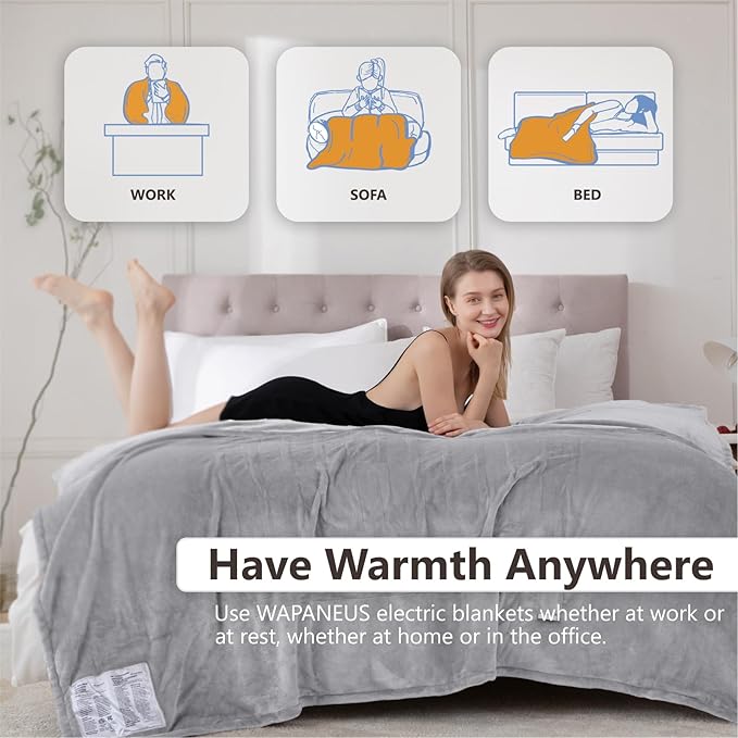 Wapaneus Heated Blanket Electric Throw 62" x 84" Twin Size with 10 Heat Levels and 12 Hours time Settings, Flannel Fast-Heating, ETL Listed, Machine Washable,Light Grey