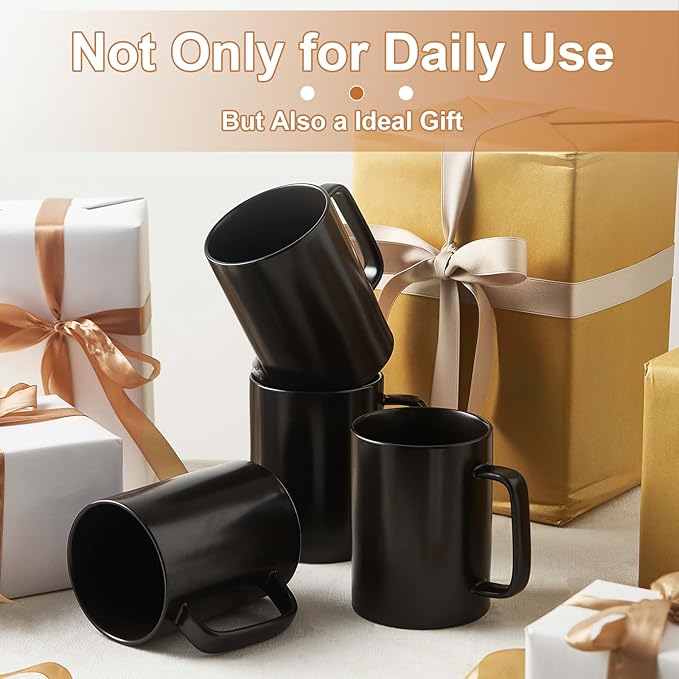 Jassceram Coffee Mugs Set of 6, 18 Ounce Porcelain Mugs for Latte, Hot Tea, Cappuccino, Cocoa and Milk, Ceramic Coffee Cups with Large Handle - Dishwasher & Microwave Safe, Matte Black