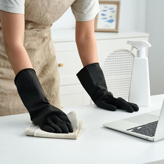 4 Pairs Black Rubber Dishwashing Gloves - Reusable Cleaning Gloves for Kitchen, Household, Anti-Slip, Flexible & Long-Lasting (X-Large, Black)