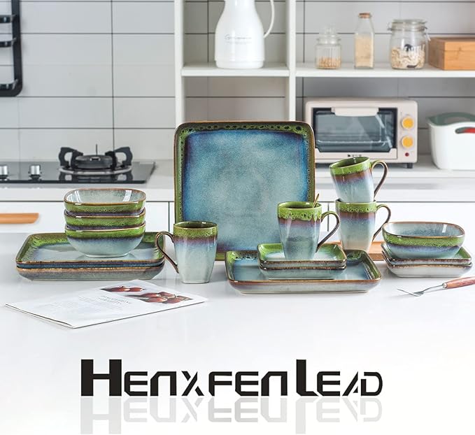 HENXFEN LEAD Small Ceramic Plates 6.3 Inch - Dessert, Appetizer, Snack Plate Set of 4 Scratch Resistant, Porcelain Serving Side Dish Microwave & Oven, Dishwasher Safe - Reactive Green