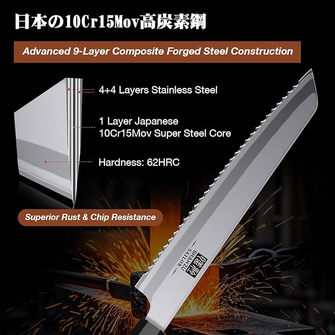 SHAN ZU 8 Inch Japanese Bread Knife, 9 Layers 10Cr15MoV High Carbon Steel Bread Knives for Homemade Bread, Sharp Sourdough Bread Knives with Red Sandalwood Handle, Long Serrated Bread Cutting Knife