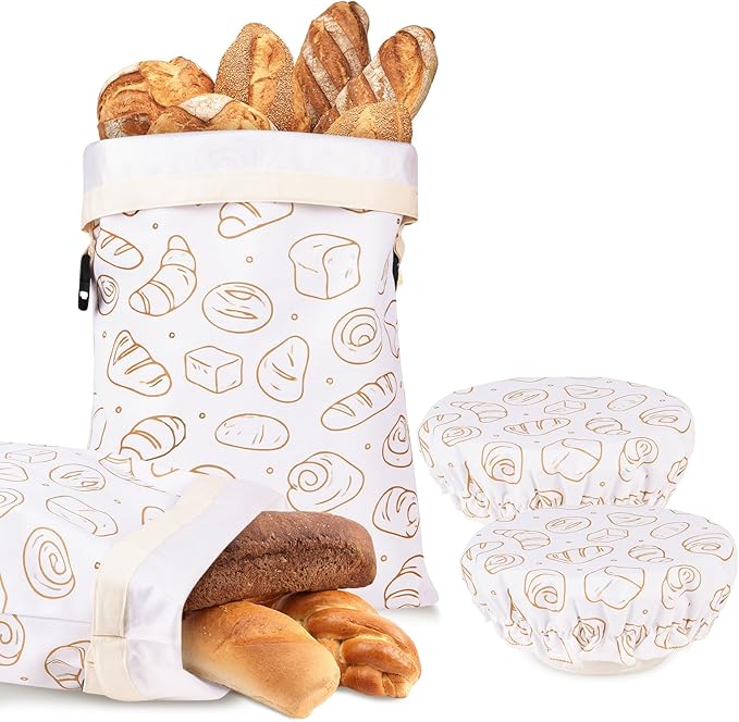 LAKE OF FIRE 16.9"x12.6" Reusable Bread Storage Bags for Homemade Bread with Reusable 2 Bowl Covers,Large Sourdough Bread Bags Food Storage Cloth Bag (White + Bread)