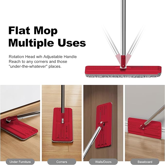 JOYMOOP Flat Mop, Microfiber Mops for Floor Cleaning and Wall Cleaner, 50" Mop with 13" Flat Head with a Microfiber Mop Pad - Black & Red