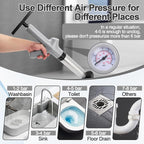 Toilet Plunger Drain Clog Remover, High Pressure Air Drain Remover Tool with Real-Time Barometer, Stainless Steel Clog Toilet Cleaner for Bathroom Kitchen Commercial Floor Sink(Gray)