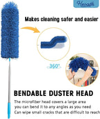 Microfiber Feather Duster with Extendable Pole, 100 inches Extra Long Cobweb Duster for Cleaning, Bendable Head, Non-Scratch, Washable Duster for Ceiling, Fan, Furniture Blue